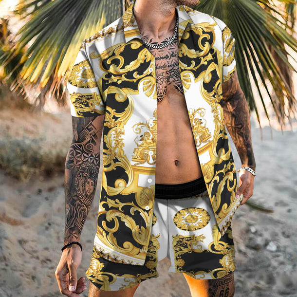 Trendy Fashion Printed Shirt Shorts Hawaiian Vacation Two-Piece Set