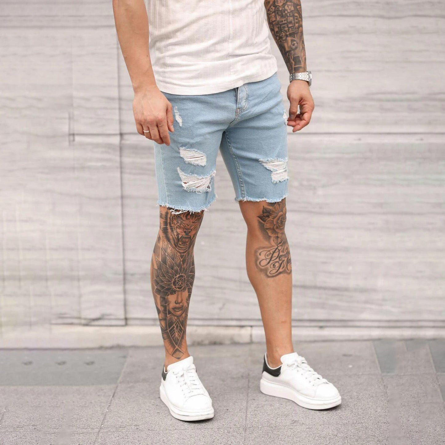 Clearance-Men's Ripped Denim Shorts-2XL