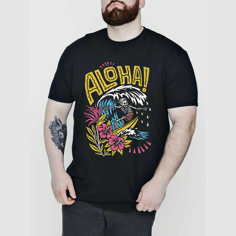 "Aloha" Skeleton Man Surfing Printed Men's T-shirt