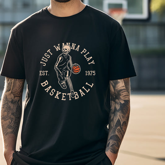 Men's Black Skull Print Basketball Lovers T-shirt