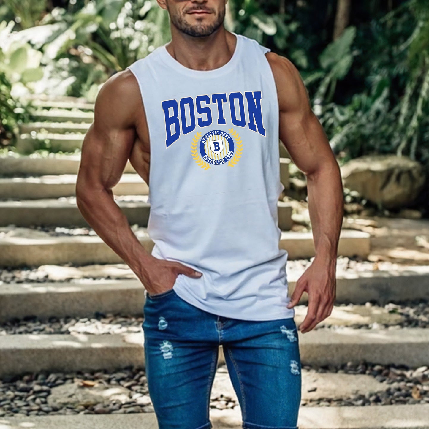 Clearance-BOSTON Men's Crew Neck Tank Top