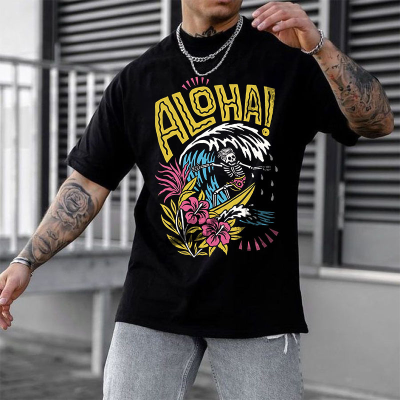 "Aloha" Skeleton Man Surfing Printed Men's T-shirt