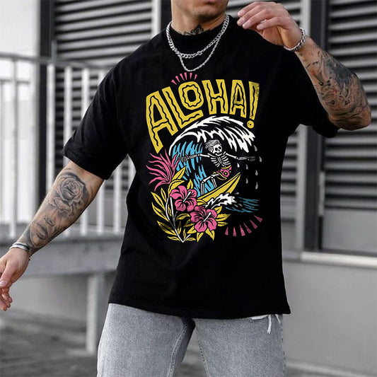 "Aloha" Skeleton Man Surfing Printed Men's T-shirt