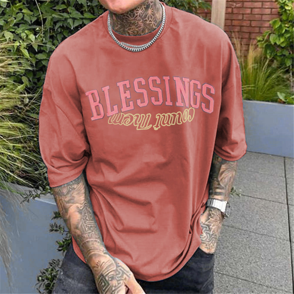 Clearance-Blessings Letter Print Fashion T-Shirt