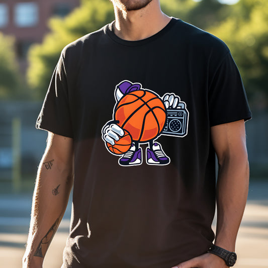 Men's Funny Basketball Character with Ball and Radio Print T-shirt