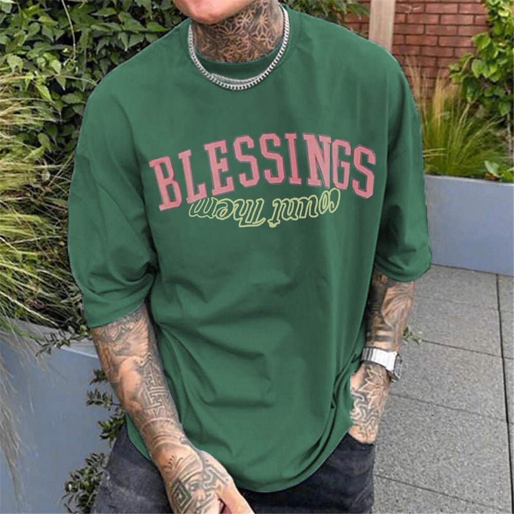 Clearance-Blessings Letter Print Fashion T-Shirt