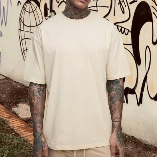 Casual Plain Loose Short Sleeve Men's Basic T-Shirt Beige Color
