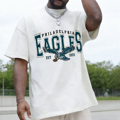 Men's white heavyweight t-shirt with retro Philly football birds graphic