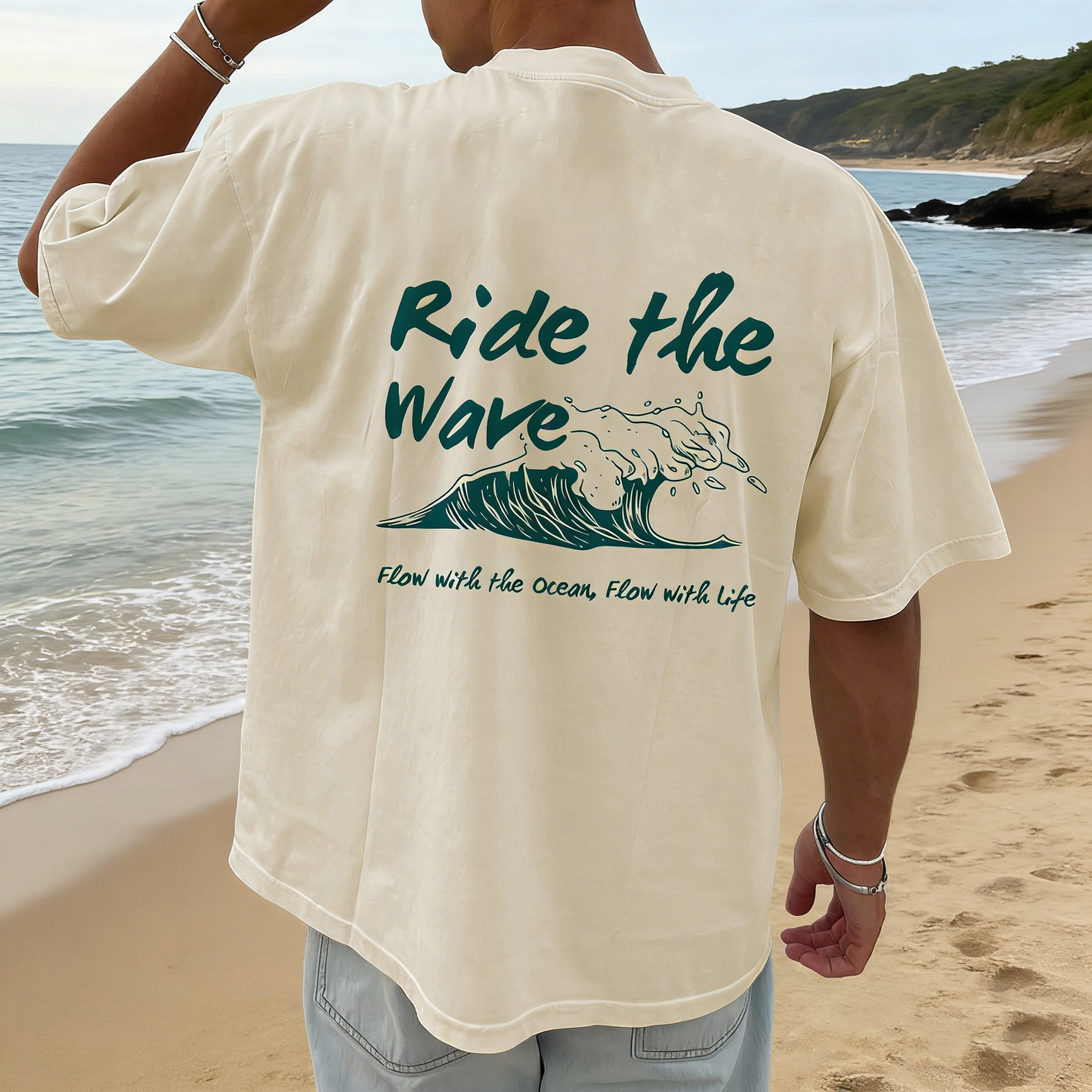 Men's Ocean Wave Beige Color Graphic T-Shirt - Ride the Wave Surfing Tee