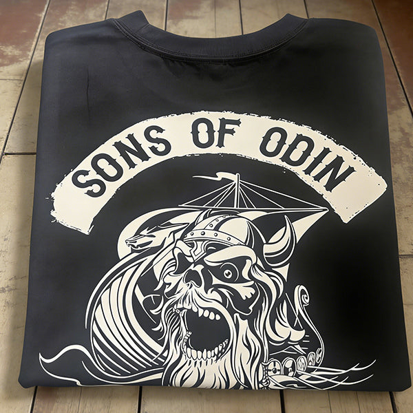 Sons of Odin Viking graphic tee by Viking, neatly folded, showing the detailed Norse skull and longship print.