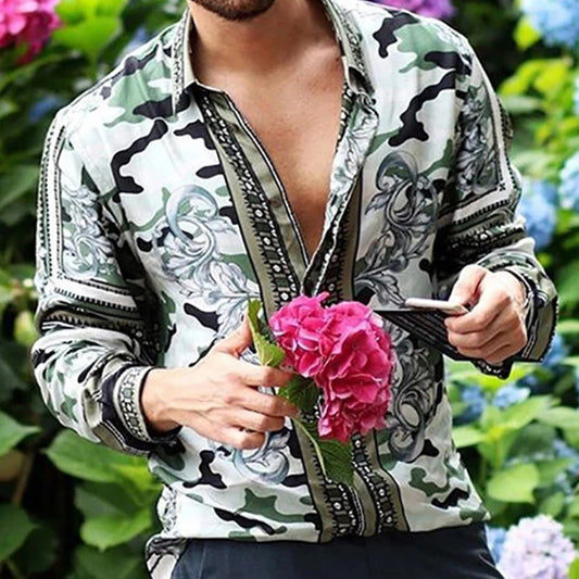 Men's Lapel Print Loose Casual Long Sleeve Shirt
