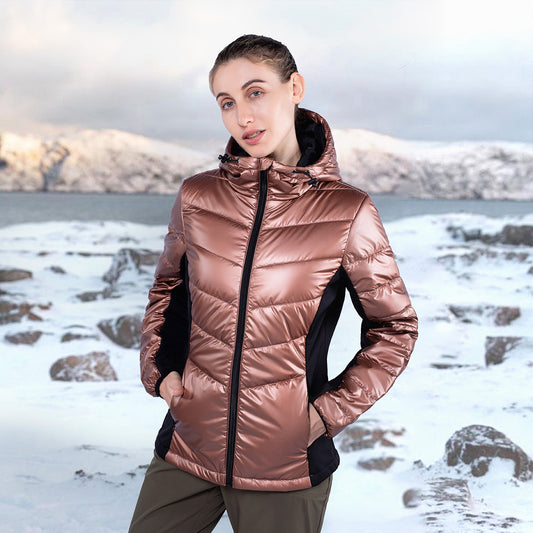 Freetrack Women Winter Light Coats Insulated Double Zipper Hooded Puffer Jacket
