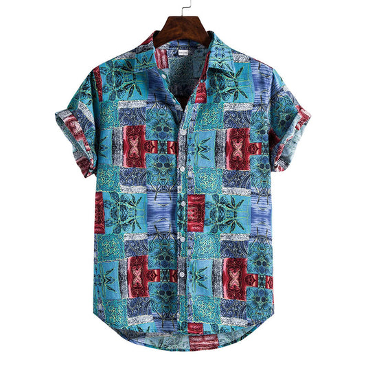 Cotton And Linen Printed Pocket Button-down Shirt