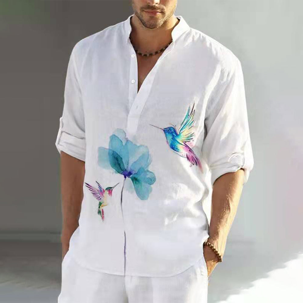 Men's Cotton Linen Floral Bird Graphic Print Loose Casual Shirt