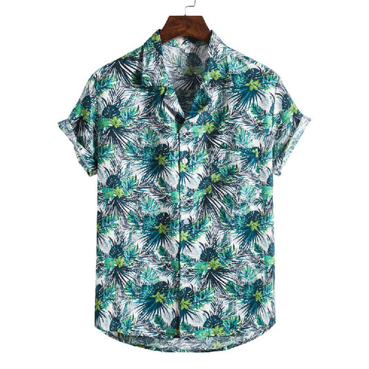 Cotton And Linen Printed Pocket Button-down Shirt