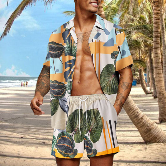 Casual Loose Beachwear Leaf Print Short Sleeve Shorts Hawaiian Vacation Two-Piece Set