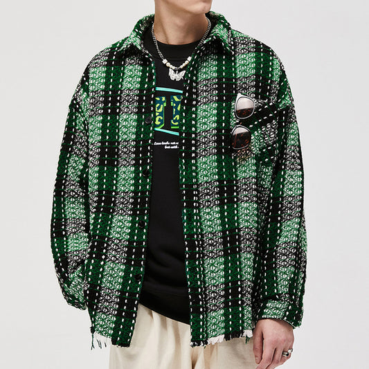 Men's Fringed Checked Tweed Jacket - Green