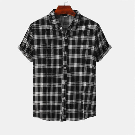 Black Fashion Plaid Print Lapel Button Short Sleeve Shirt