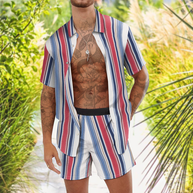 Fashion Personality Casual Striped Print Hawaiian Vacation Two-piece Set