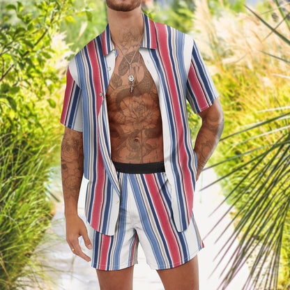 Fashion Personality Casual Striped Print Hawaiian Vacation Two-piece Set