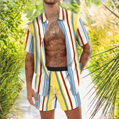 Fashion Personality Trend Stripe Print Hawaiian Vacation Two-Piece Set