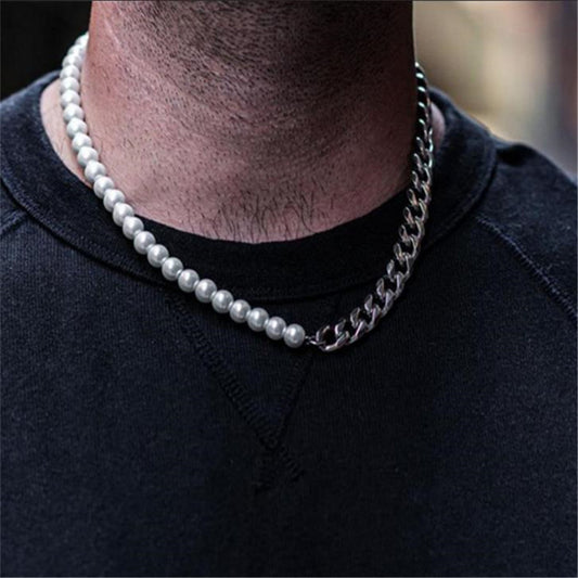 Pearl Stitching Stainless Steel Cuban Chain Men's Necklace
