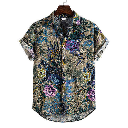 Cotton And Linen Printed Pocket Button-down Shirt