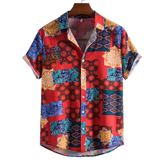 Cotton And Linen Printed Pocket Button-down Shirt