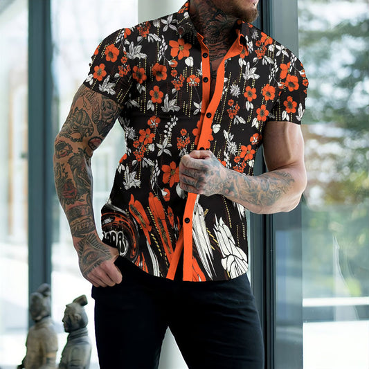 Floral Print Contrast Panel Casual Short Sleeve Shirt