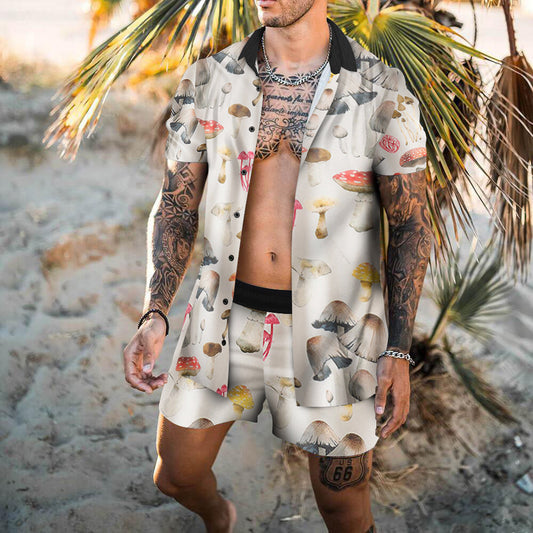 Mushroom Print Hawaii Vacation Casual Beach Suit