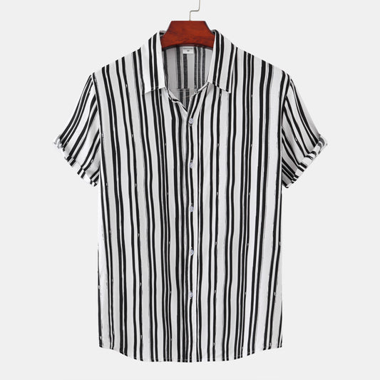 Fashion Stripe Print Lapel Button Short Sleeve Shirt