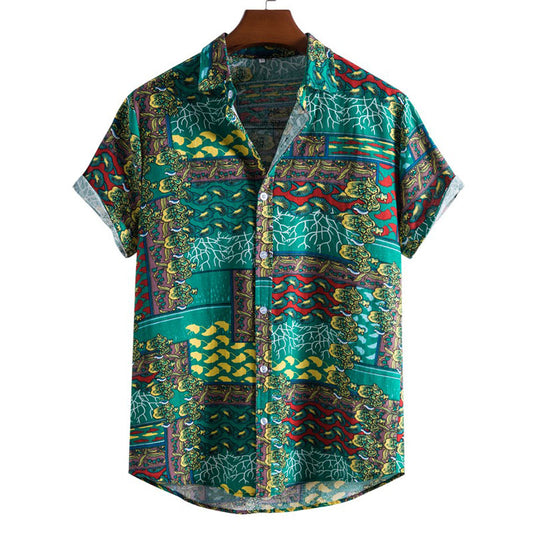 Cotton And Linen Printed Pocket Button-down Shirt