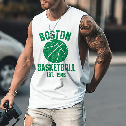 Boston Alphabet Graphic Print Loose Athleisure Men's Tank Top