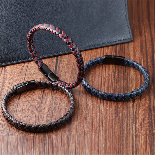 Leather Rope Stainless Steel Men's Braided Bracelet