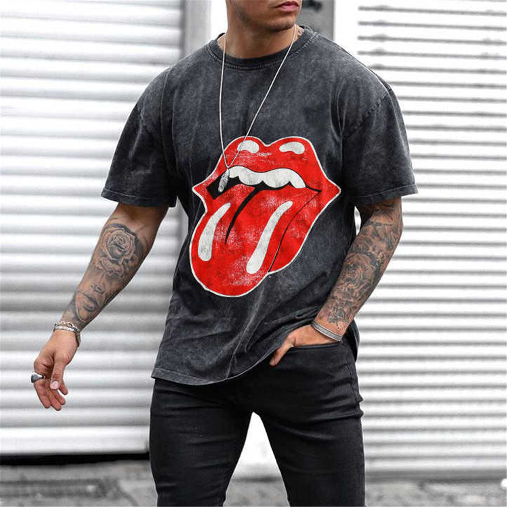 Personality Punk Casual Street Lip Print Crew Neck Short Sleeve T-Shirt