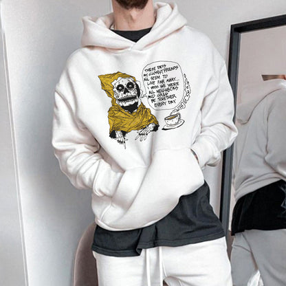 Skull Print Men's White Fleece Hoodie 320g