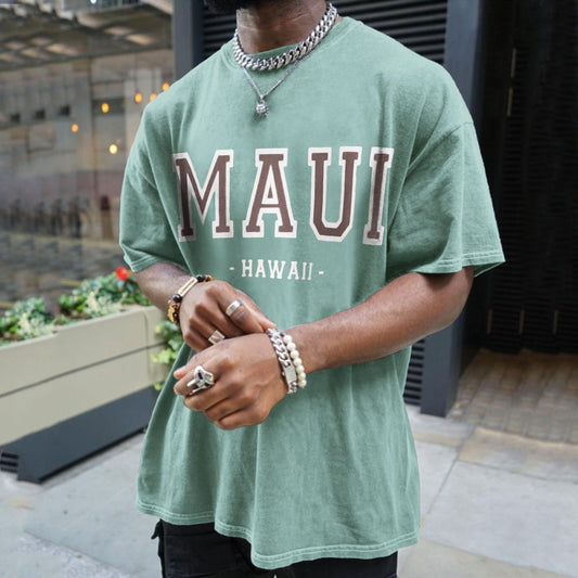 "MAUI" Print Men's Retro Loose Fit T-Shirts