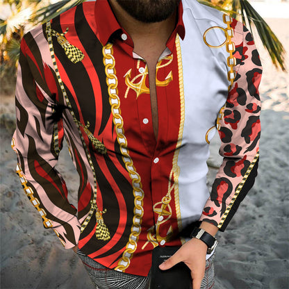 Unique Personality Trend Print Casual Beach Vacation Long Sleeve Shirt