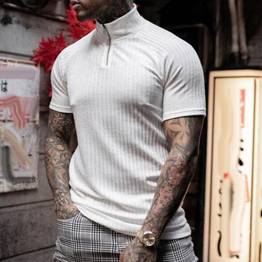 Sports Knit Fashion Stand Collar Zip Short Sleeve T-Shirt