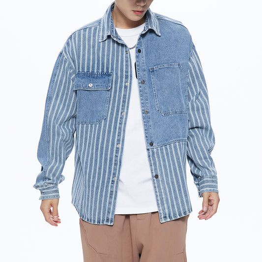 Men's Stitching Striped Button Up Denim Shirts with Pocket