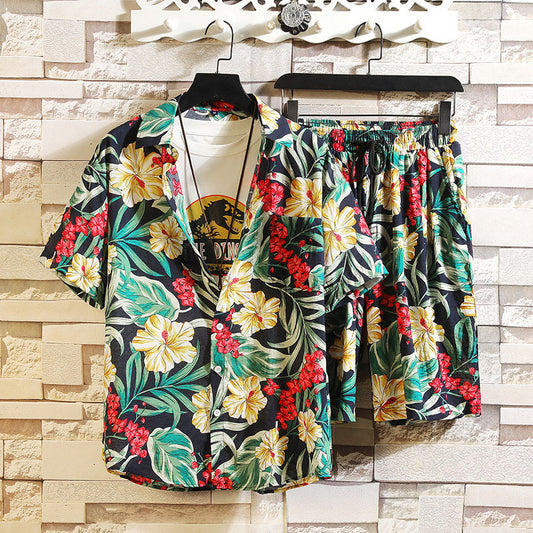 Fashion Casual Hawaiian Plant Print Resort Style Beach Suit