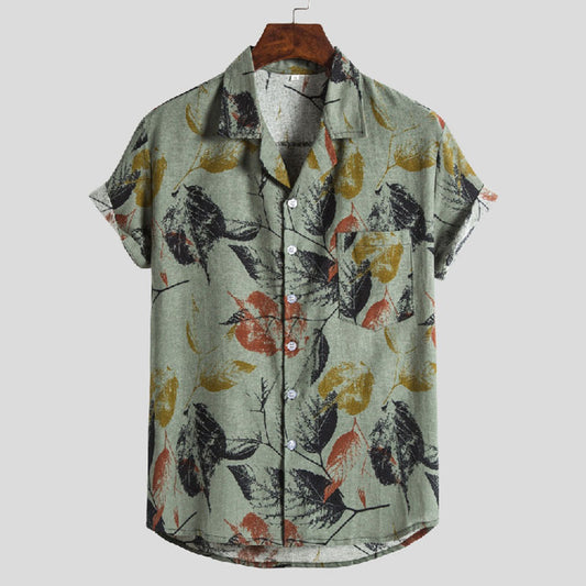 Cotton And Linen Printed Pocket Button-down Shirt