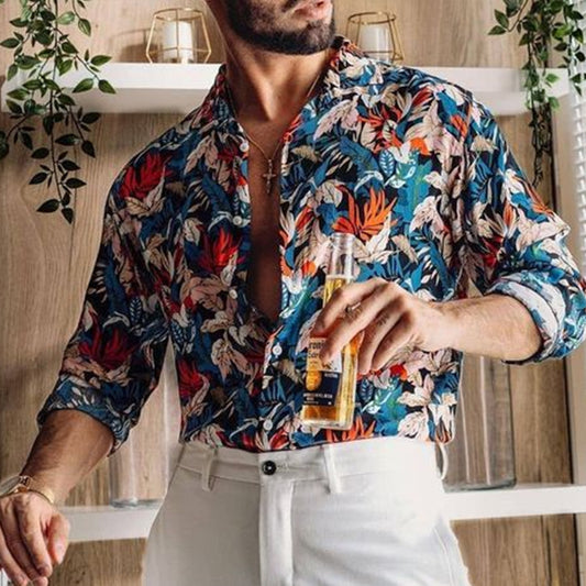 Men's Lapel Leaf Print Casual Long Sleeve Shirt