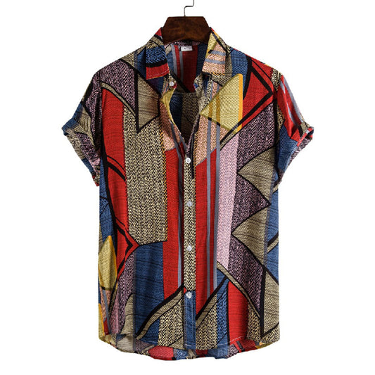 Cotton And Linen Printed Pocket Button-down Shirt