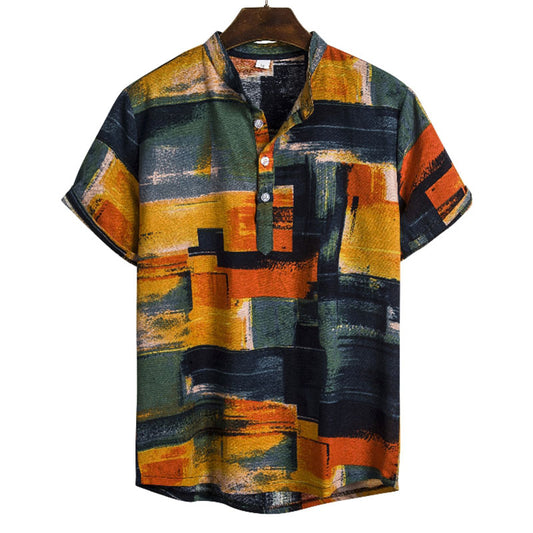 Cotton And Linen Printed Pocket Button-down Shirt