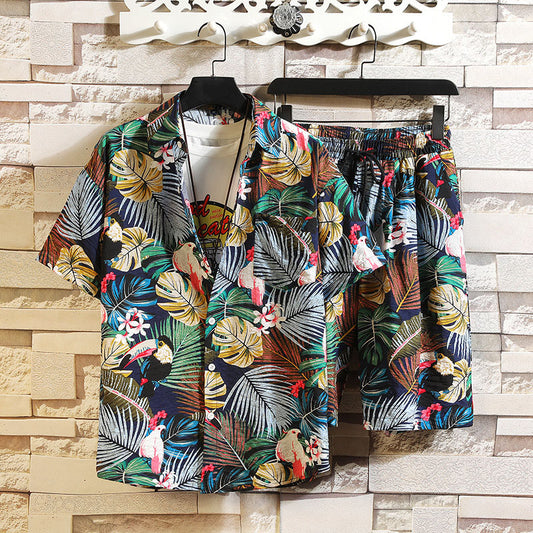 Fashion Casual Hawaiian Plant Print Resort Style Beach Suit