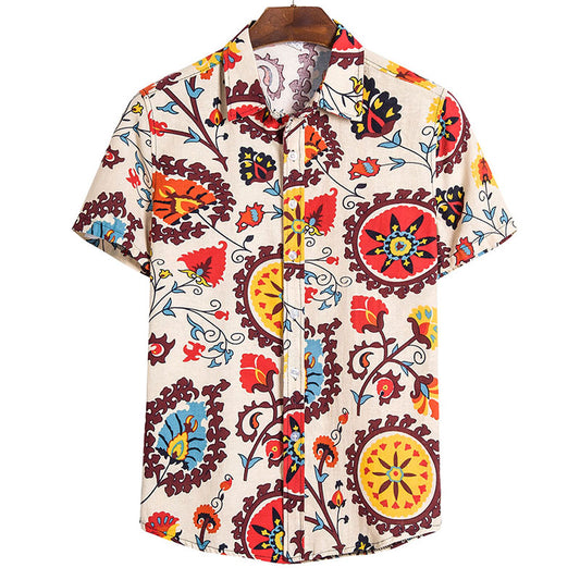 Cotton And Linen Printed Pocket Button-down Shirt