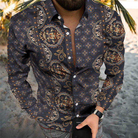 Retro Personality Trend Digital Printing Casual Beach Vacation Long Sleeve Shirt