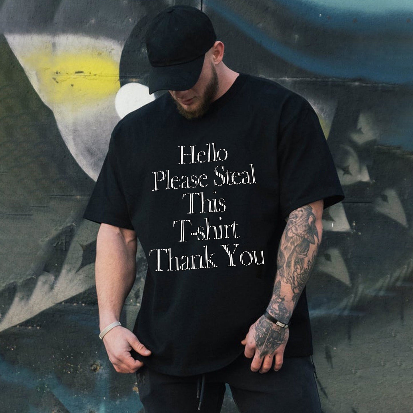 Clearance-Two Tone Thick Plate Rubber Letter Print Loose Men's T-Shirt