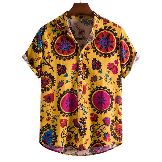 Cotton And Linen Printed Pocket Button-down Shirt